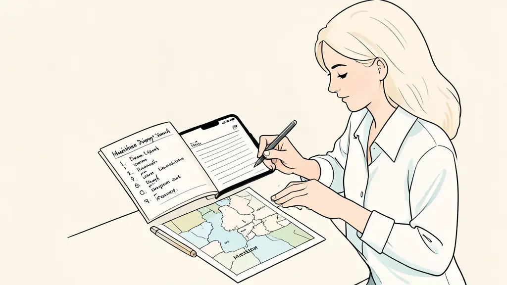 Woman preparing a healthcare directory search on a smartphone, handwritten list with medical specialty and town, map of nearby area on the table