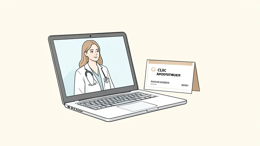 Patient comparing a healthcare professional profile on a laptop with an appointment card, clinic address and identification number visible without readable text