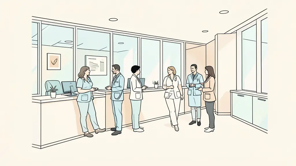 Editorial photo of a modern medical center reception area, bright atmosphere, professional healthcare staff welcoming a patient