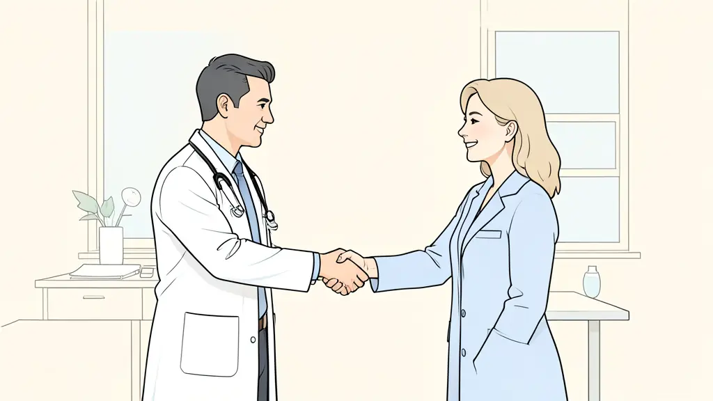Editorial photo of a doctor and a patient shaking hands in a bright medical office, representing the establishment of a professional relationship
