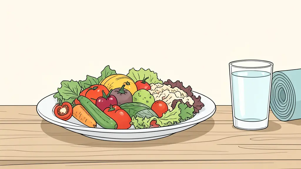 Editorial photo of a balanced meal with colorful vegetables, a yoga mat in the background and a glass of water on a wooden table