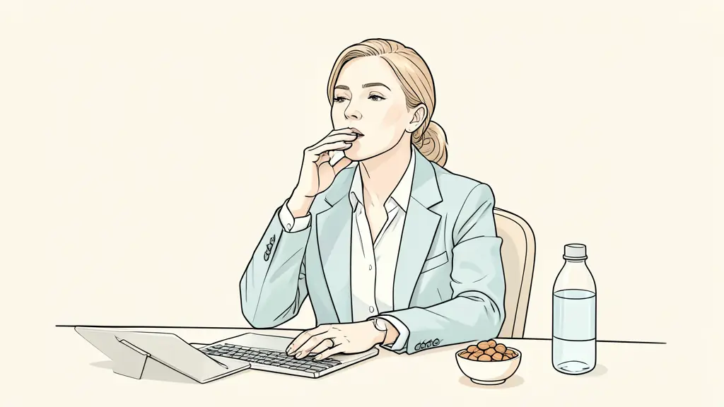 Editorial photo of a professional woman taking a deep breath at her office desk, with a small bowl of almonds and a water bottle nearby