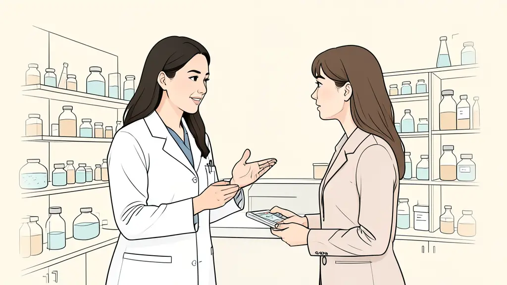 Editorial photo of a pharmacist in a white coat talking to a patient in a modern pharmacy, focus on professional interaction and medical preparations