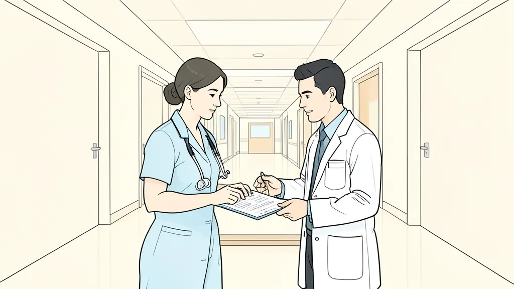 Editorial photo of a nurse discussing a patient's chart with a doctor in a bright hospital corridor, showing a professional collaborative relationship