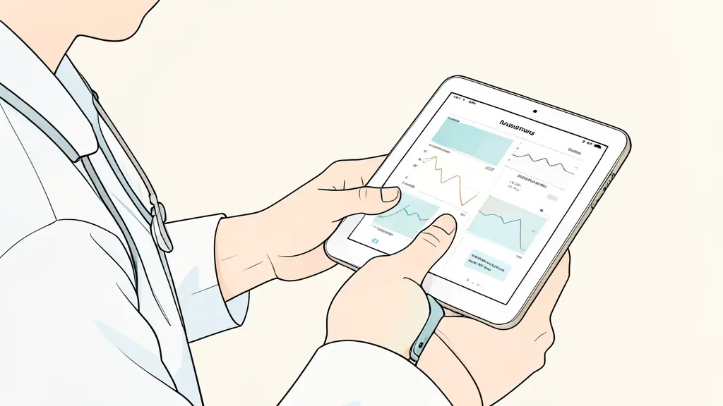 A close-up of a medical professional using a tablet to analyze health data from a wearable smartwatch, clean clinical background, editorial style