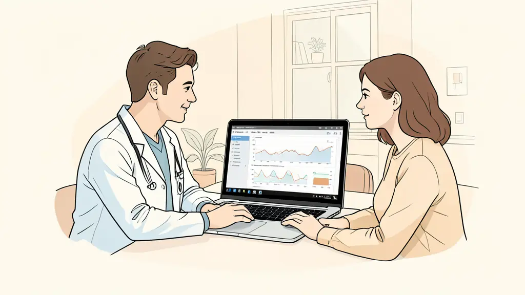 A doctor and a patient having a remote consultation via a laptop screen, showing a digital health chart, warm home interior, editorial style