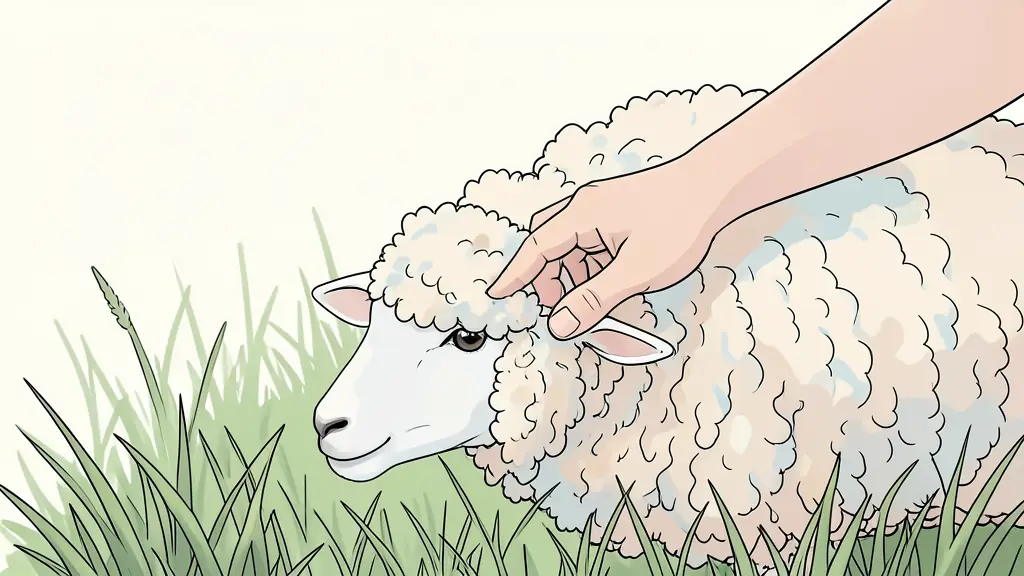 A person gently petting a fluffy sheep in a green meadow, soft natural light, focus on the hand touching the wool