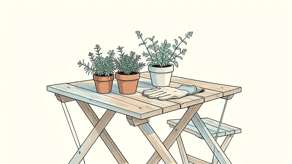 A wooden garden table with small potted herbs, a pair of gardening gloves, and a sun-drenched rustic background