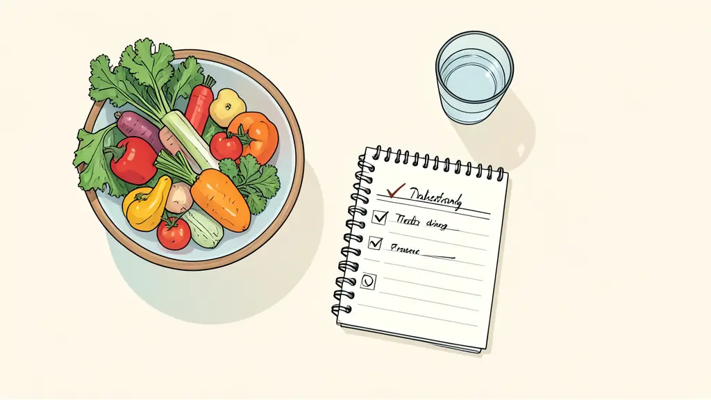 A top-down shot of a wooden kitchen table with a bowl of colorful fresh vegetables, a glass of water, and a handwritten daily planner with a checkmark next to a stretching exercise.