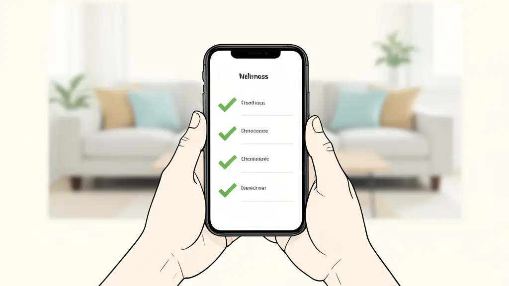 A close-up of a person's hands holding a smartphone, displaying a simple wellness checklist with green checkmarks and a calm, blurred living room background.