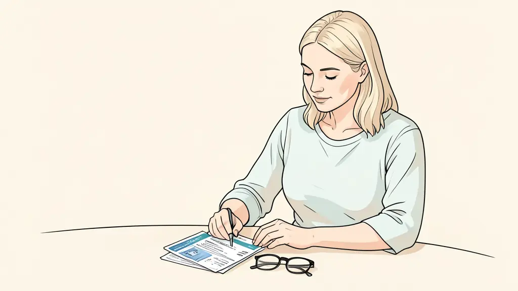 woman reviewing her current health insurance contract beside recent medical receipts and eyeglasses at a kitchen table