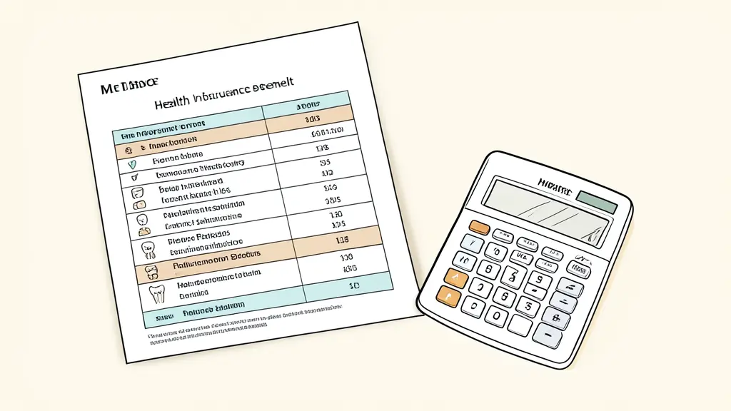 close-up of two health insurance benefit tables beside a calculator and dental treatment estimate