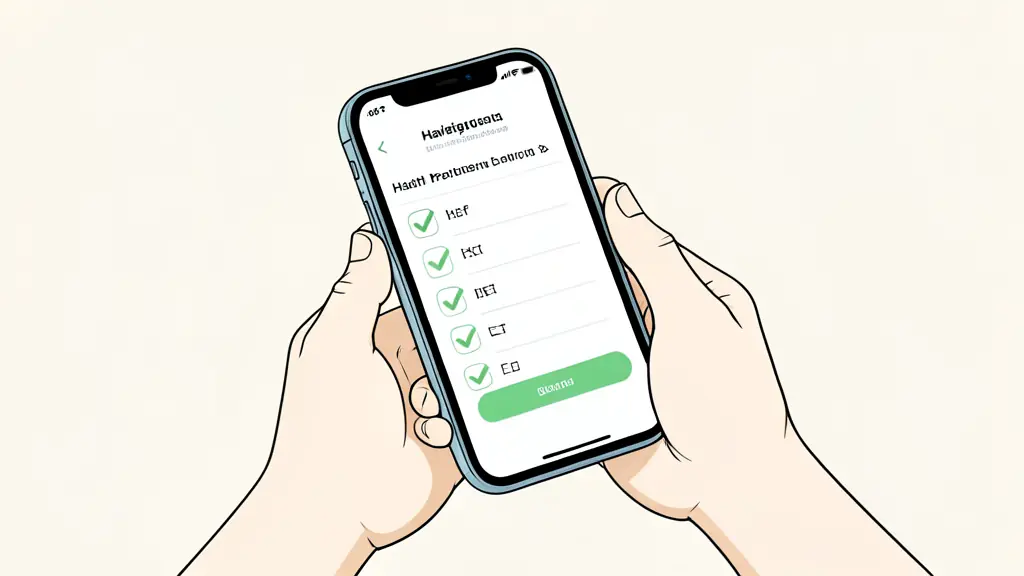 A close-up of a person's hands using a smartphone to navigate a health prevention app, showing a checklist with green checkmarks and a digital certificate button on the screen, editorial style.